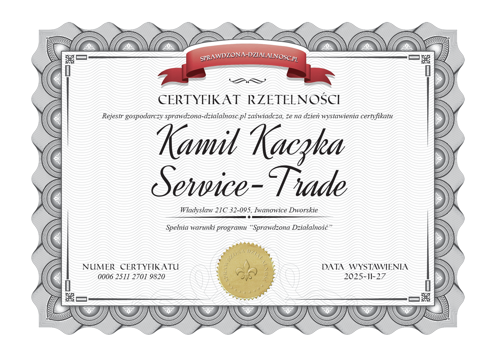 Certyfikat rzetelności dla Kamila Kaczki Service-Trade Fabryka Czystości Kraków